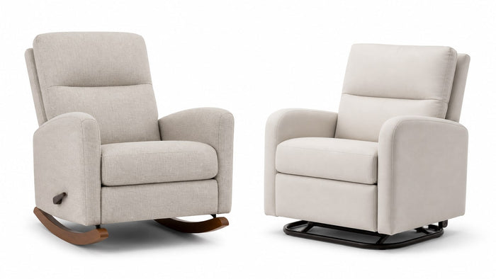 Rocking recliner and glider recliner side by side on white background showcasing styles and features