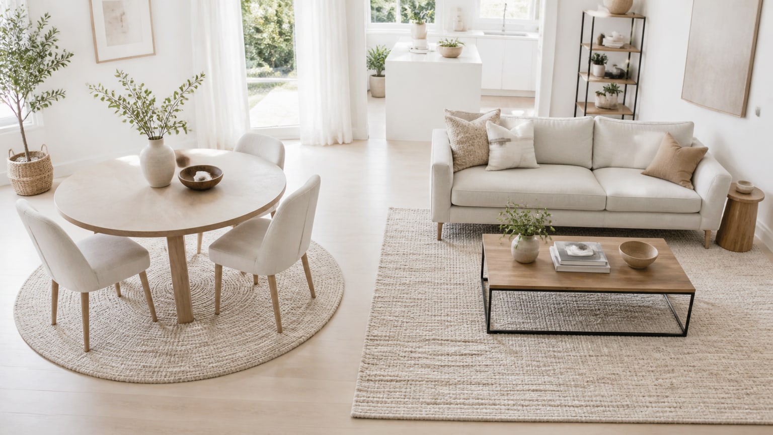 Modern white living room with a round area rug under a round coffee table and chairs, showcasing rug shape and room harmony.