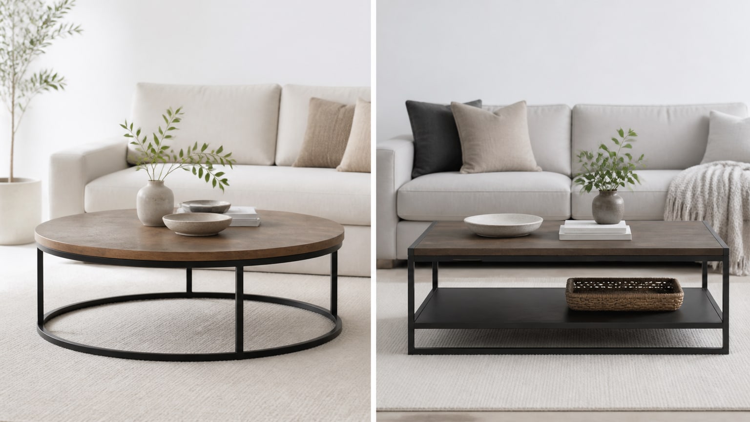 Comparison of a round coffee table and a rectangular coffee table on a clean white background