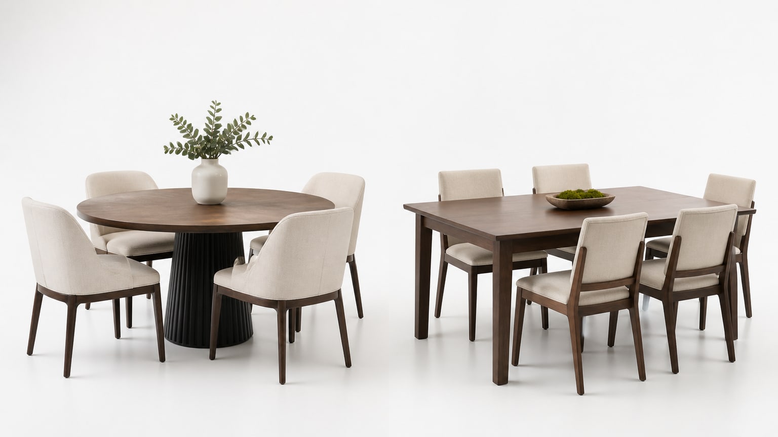 Side-by-side image of a round dining table with pedestal base and a rectangular dining table with four legs, each with matching chairs and a bench, on a white studio background.
