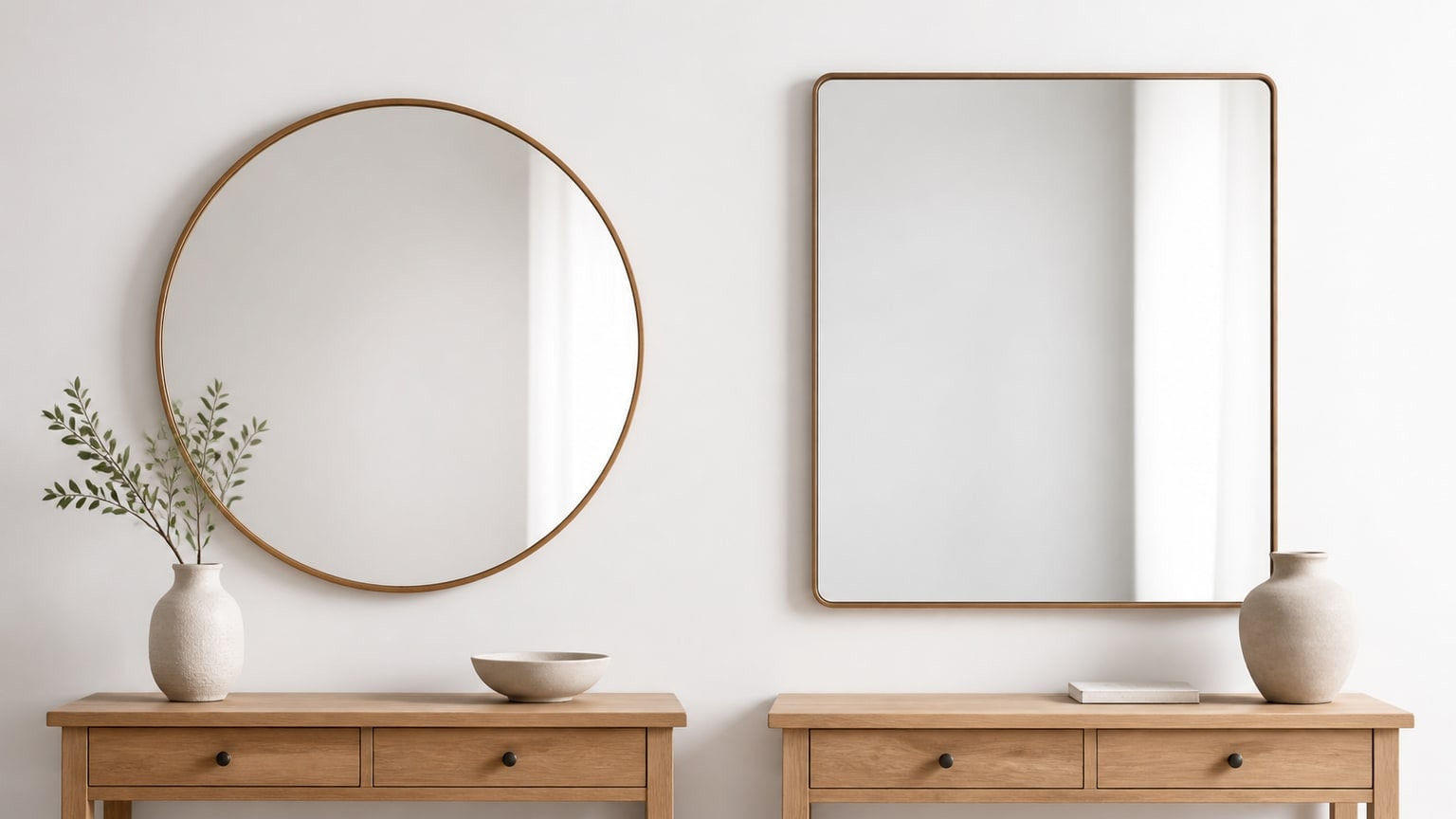 Modern home interior featuring a round wall mirror and a rectangular wall mirror displayed side-by-side on a clean white background.