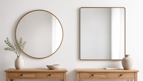 Modern home interior featuring a round wall mirror and a rectangular wall mirror displayed side-by-side on a clean white background.