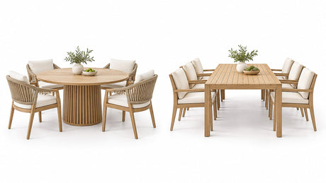 Round and rectangular outdoor dining tables displayed on a bright white patio showcasing shape comparison