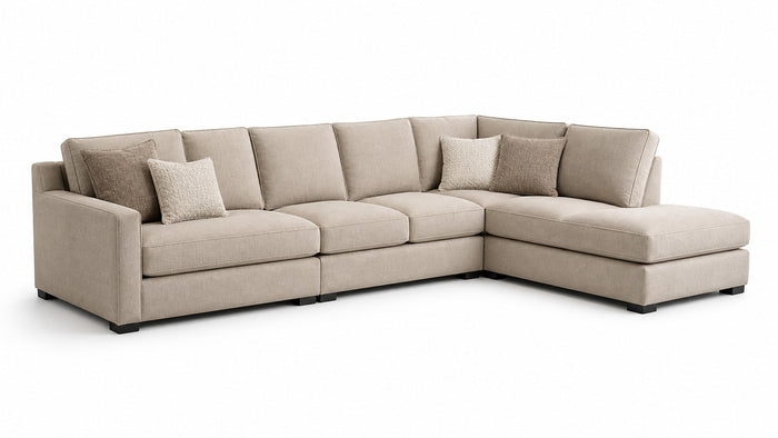 Luxury living room with a modern sectional sofa, neutral beige and cream tones, soft natural lighting, elegant home decor, coffee table