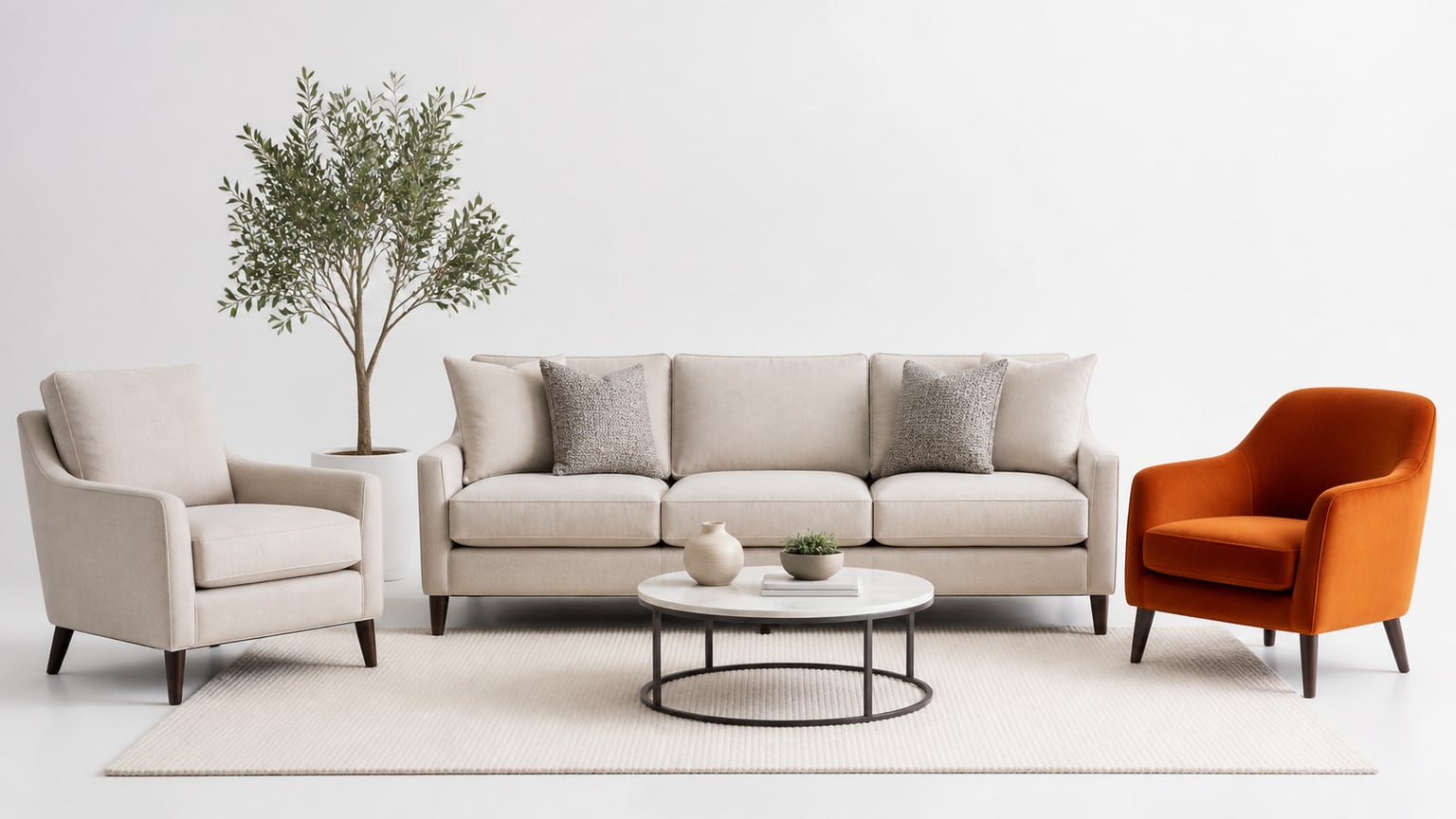 Modern accent chair with contrasting upholstery next to a neutral sofa on white background