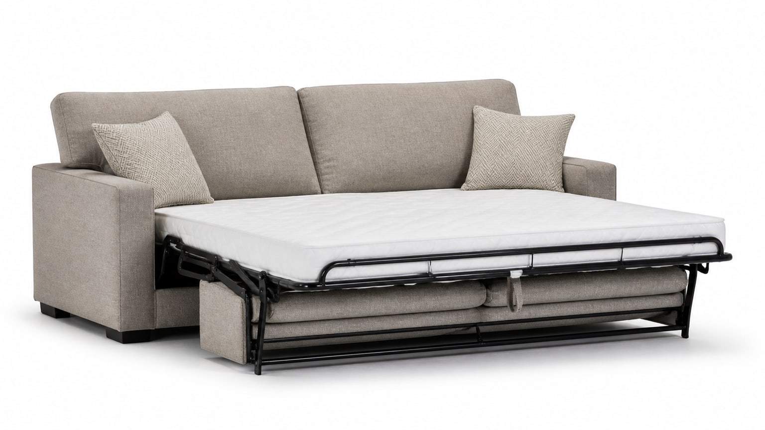 Modern sleeper sofa with pull-out bed extended and closed seating view on white background