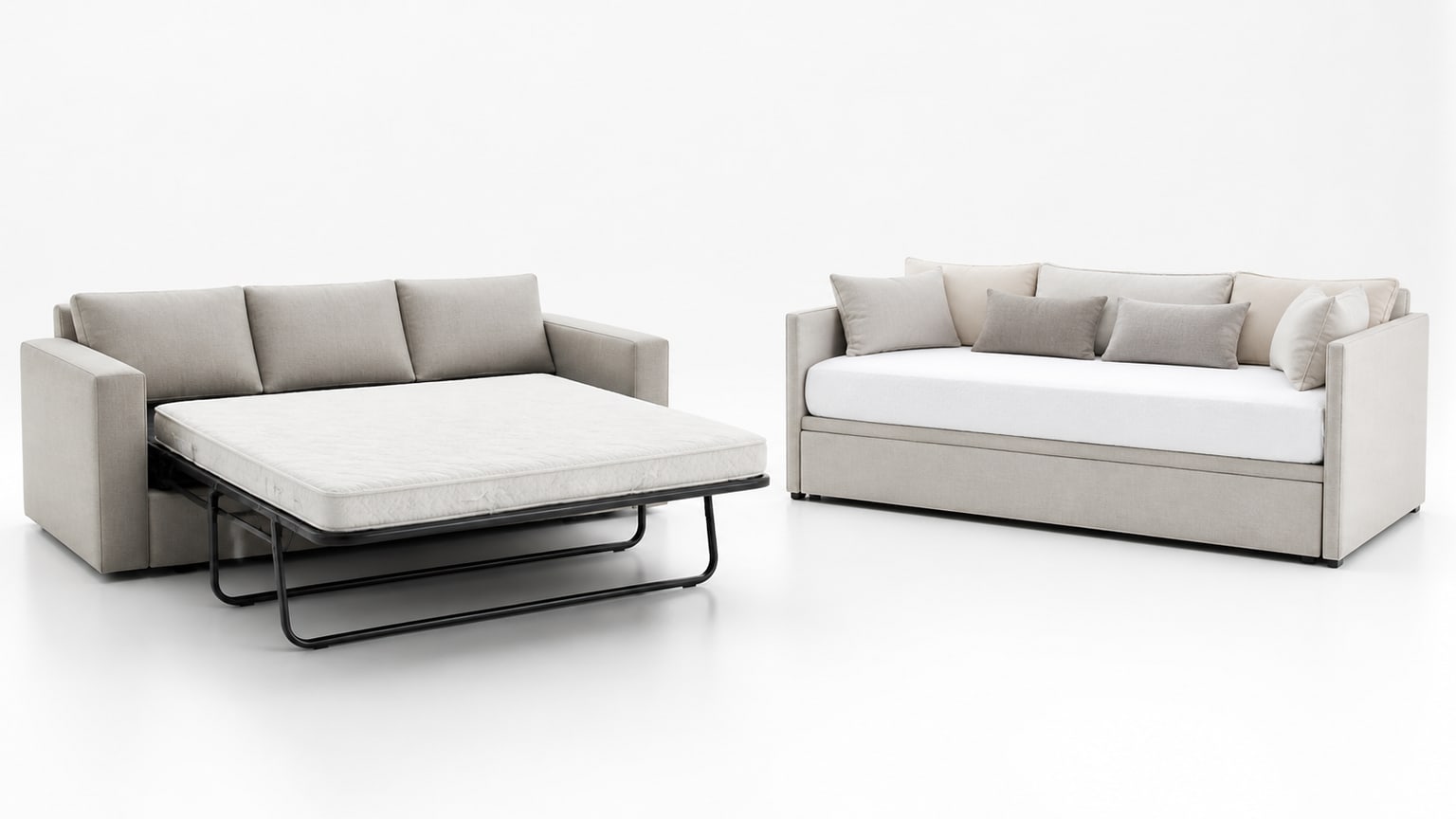 Comparison image of a modern sleeper sofa and a daybed on white background showing features and sleeping surfaces