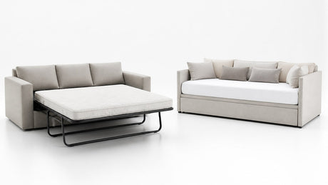 Comparison image of a modern sleeper sofa and a daybed on white background showing features and sleeping surfaces