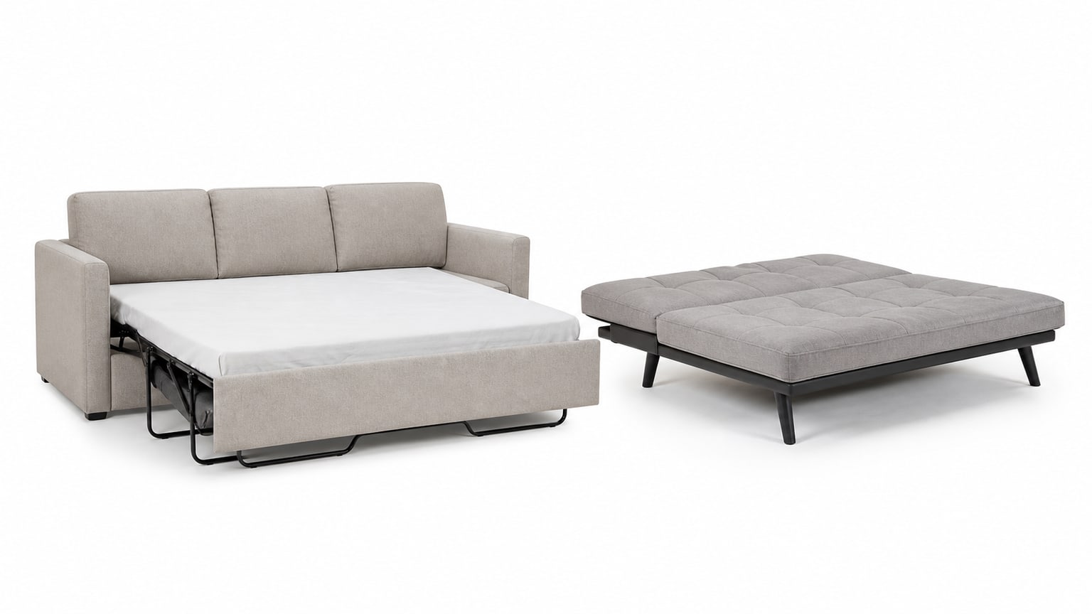 Comparison of a modern upholstered sleeper sofa with pull-out mattress partly open and a futon with folding mattress on metal frame, on white background.