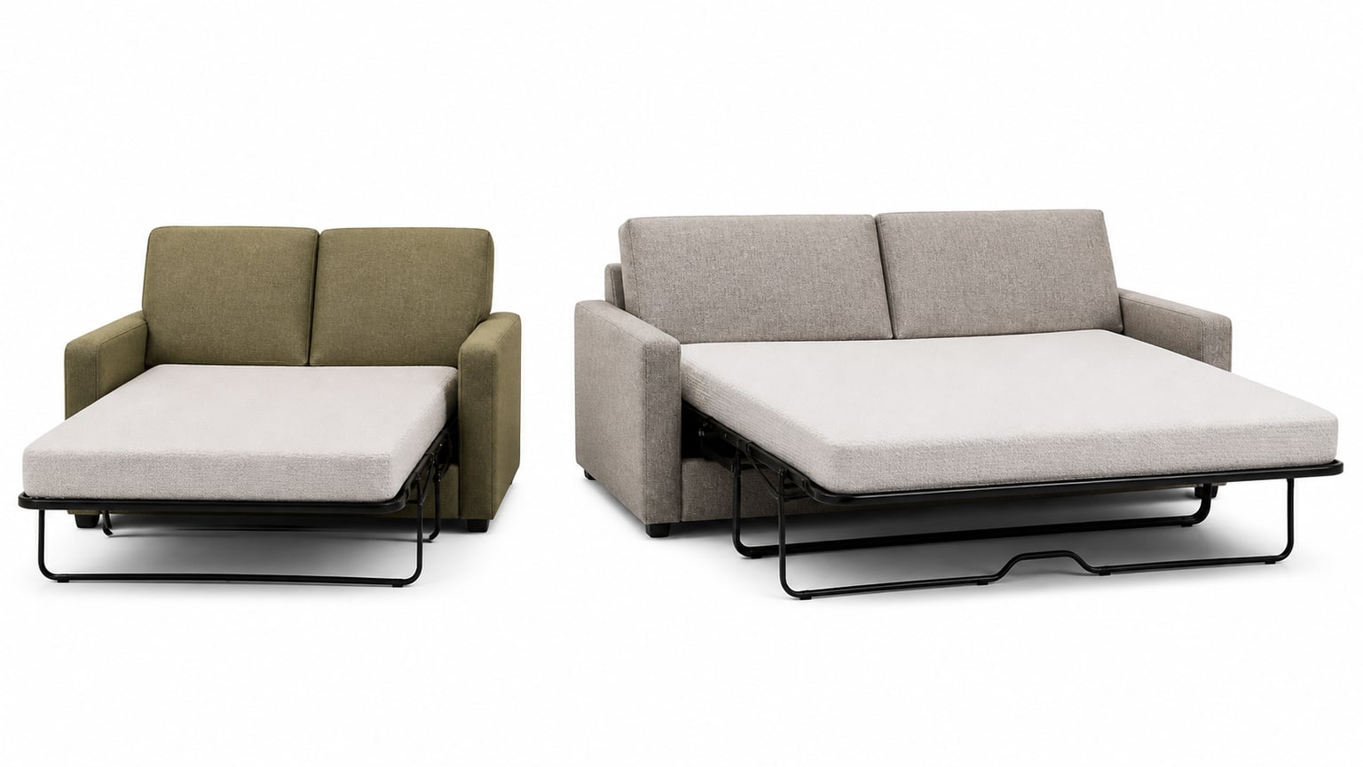 Comparison of a full sleeper sofa and loveseat sleeper on white background showing size difference and design