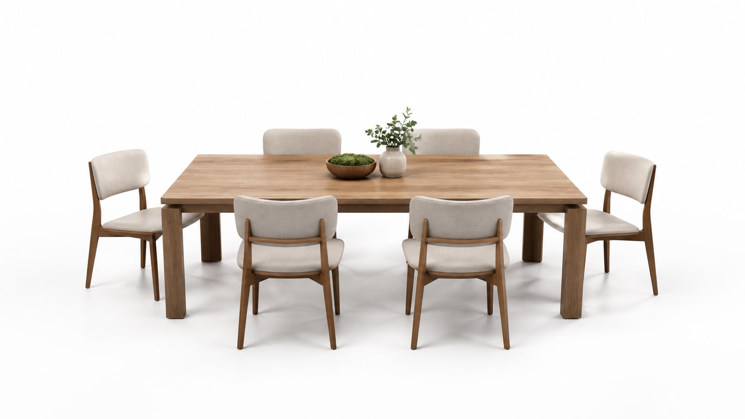Rectangular wooden dining table with six chairs on white background