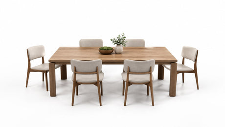 Rectangular wooden dining table with six chairs on white background