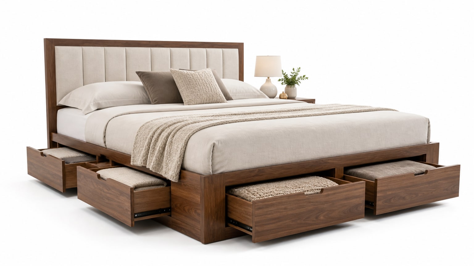 Modern storage bed frame with under-bed drawers on white background, professionally lit