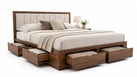 Modern storage bed frame with under-bed drawers on white background, professionally lit