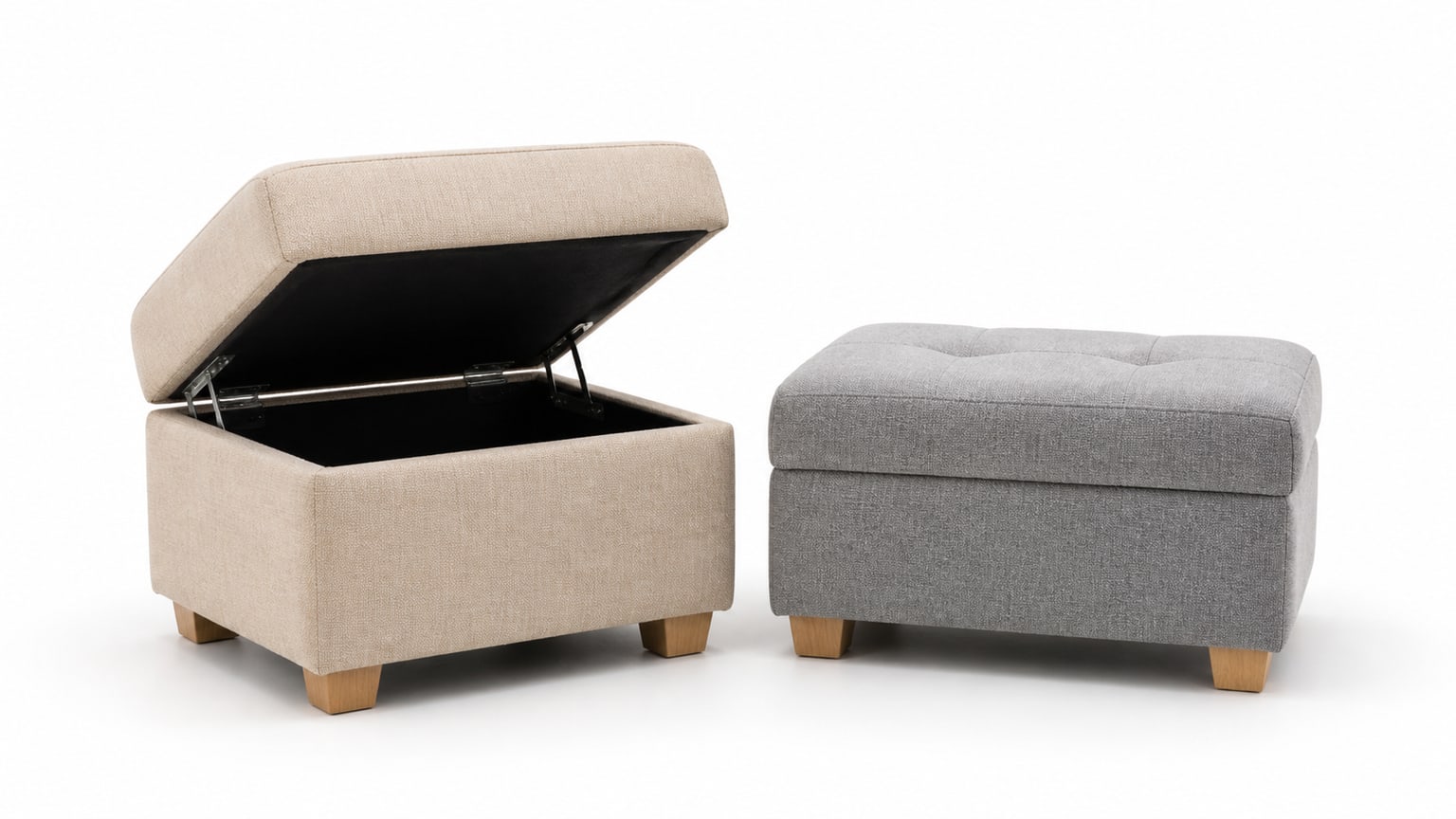 Side-by-side comparison of a storage ottoman with an open lid revealing storage space and a standard upholstered ottoman on a white background.
