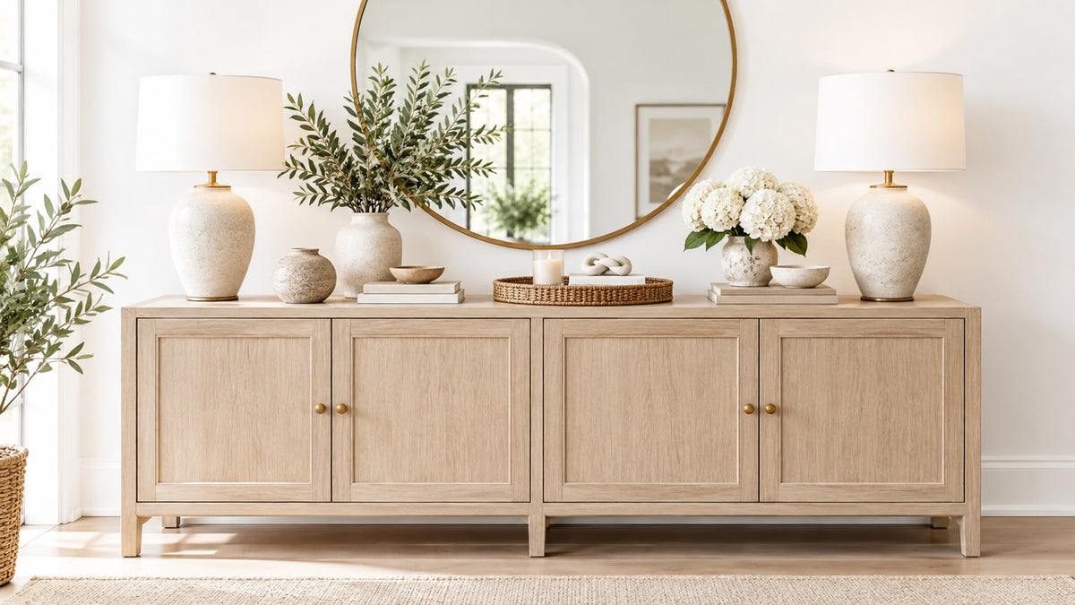 Stylish dining room buffet with mirror, lamps, vases, and decor accessories on a light background