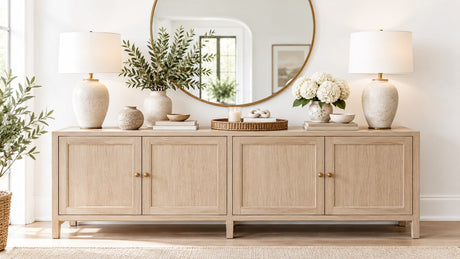 Stylish dining room buffet with mirror, lamps, vases, and decor accessories on a light background