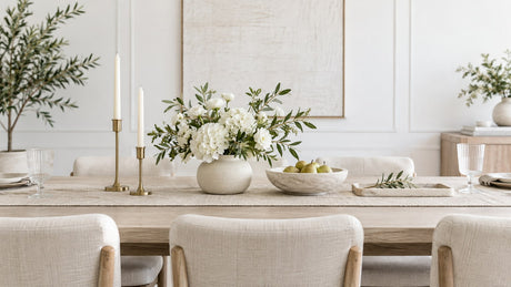 Elegant vases and decorative accessories styled on a dining table in bright neutral studio setting
