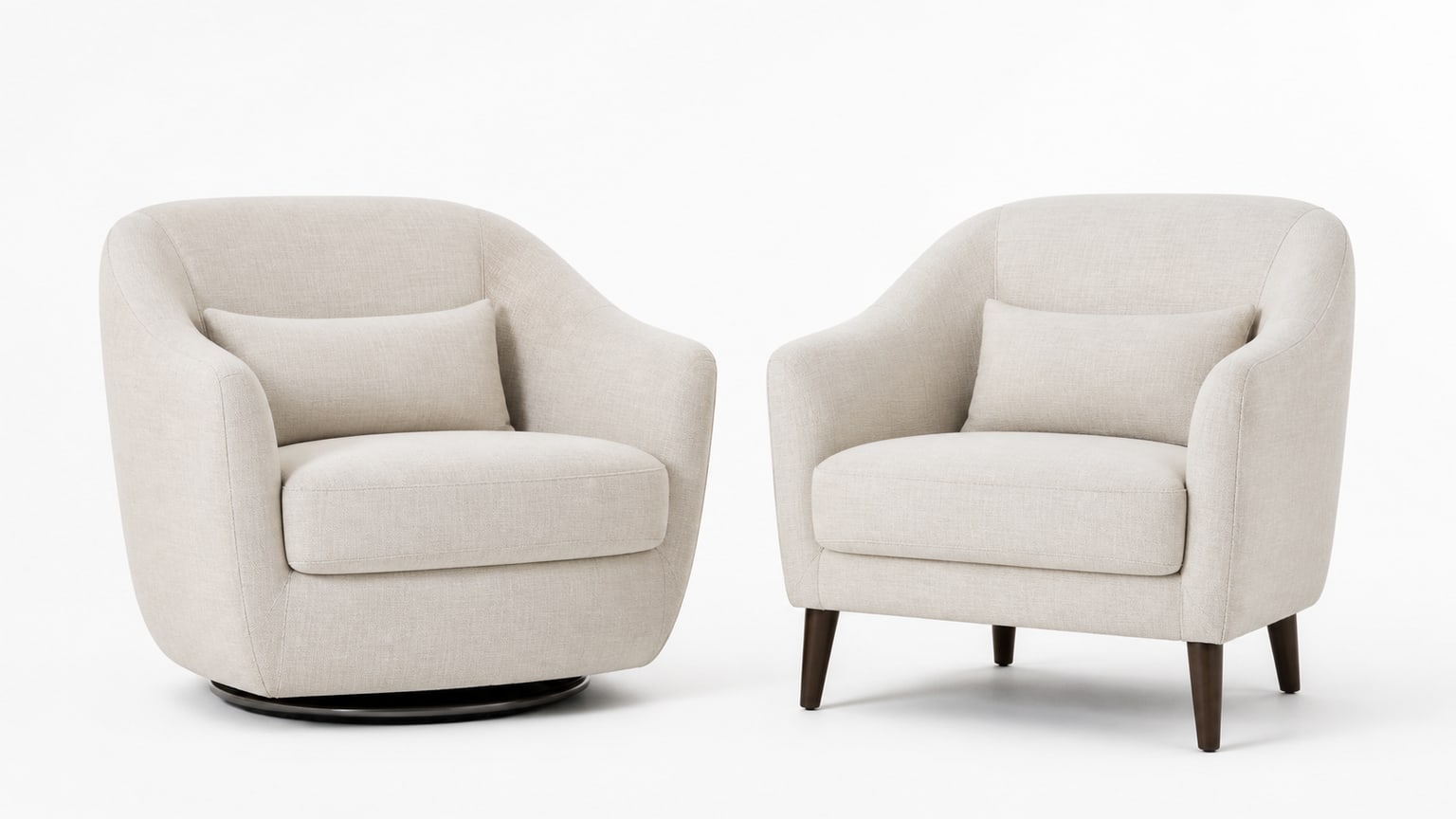 A modern swivel accent chair next to a classic stationary accent chair on a plain white background