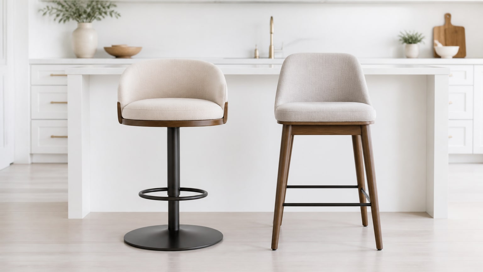 Modern swivel and stationary bar stools placed side by side in a bright white kitchen island setting on a clean white studio background.