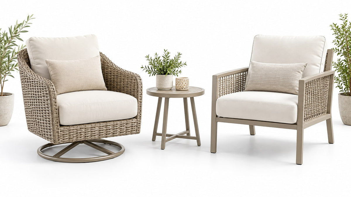Comparison of swivel and stationary outdoor chairs on a bright white patio background