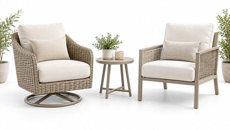 Comparison of swivel and stationary outdoor chairs on a bright white patio background