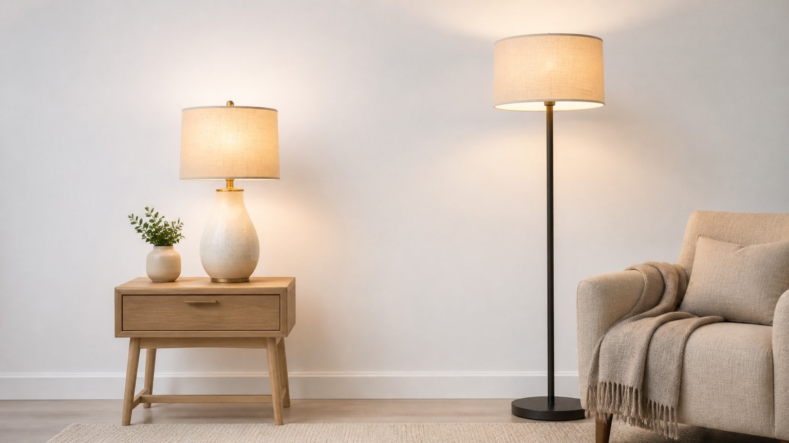 Side-by-side illuminated modern table lamp and floor lamp on white background with clean cable arrangement.