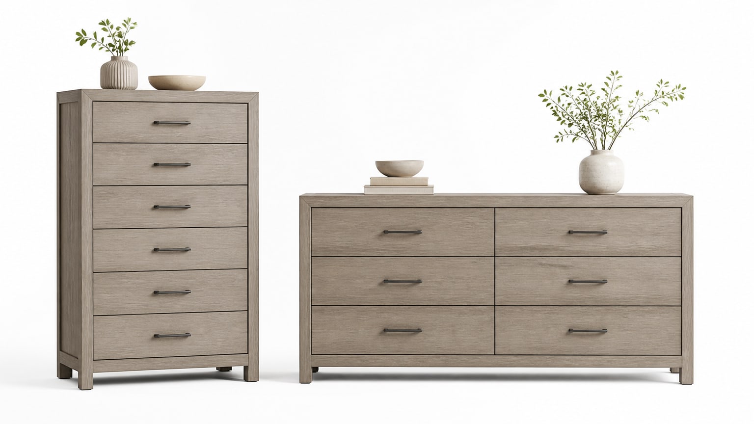 Side by side tall dresser and wide dresser made of wood on white background showing bedroom storage furniture options