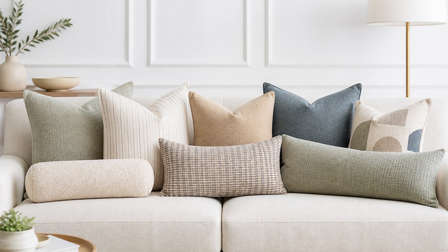 Decorative throw pillows arranged on a modern sofa against a clean white background, showcasing various colors, patterns, and textures.