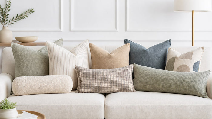 Decorative throw pillows arranged on a modern sofa against a clean white background, showcasing various colors, patterns, and textures.