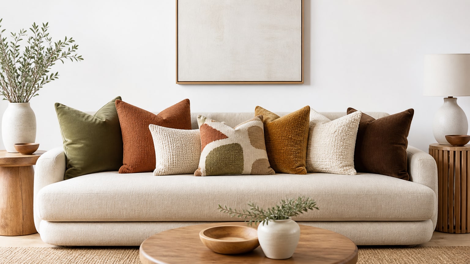 Beige fabric sofa styled with assorted cream, rust, olive green, muted gold, and blue throw pillows with geometric and botanical patterns on a white background.