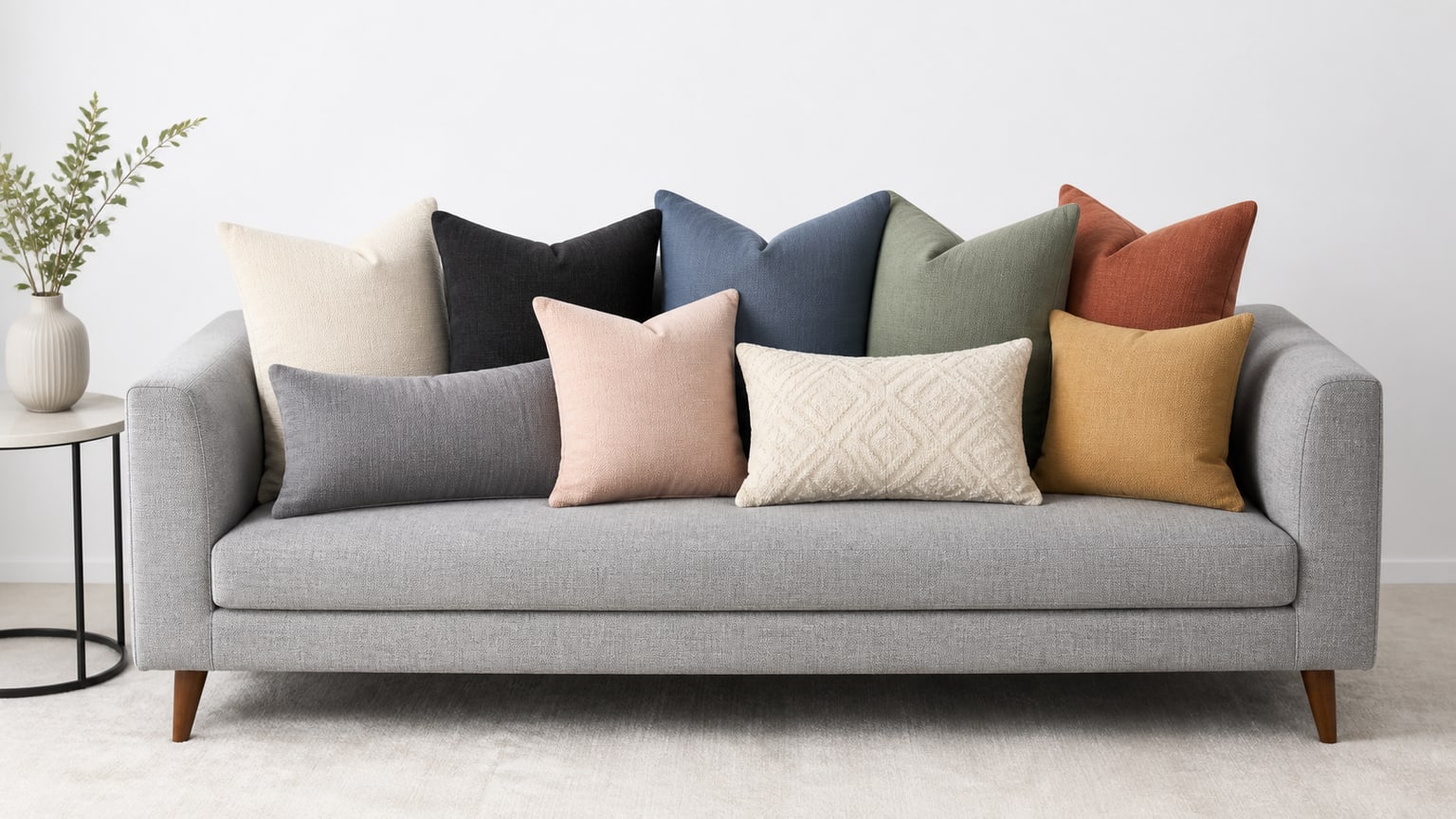 Modern gray sofa on white background with assorted throw pillows in cream, black, blue, green, rust, mustard, blush, and patterned designs