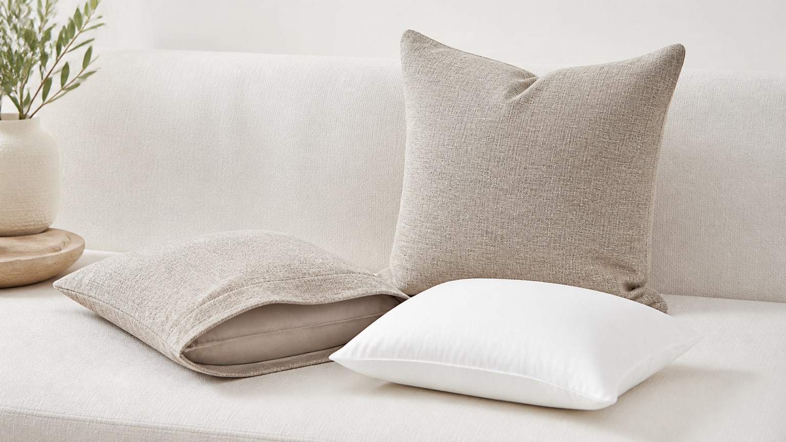 Grouped throw pillows with covers and inserts showcasing different sizes and textures on sofa and bed against white background