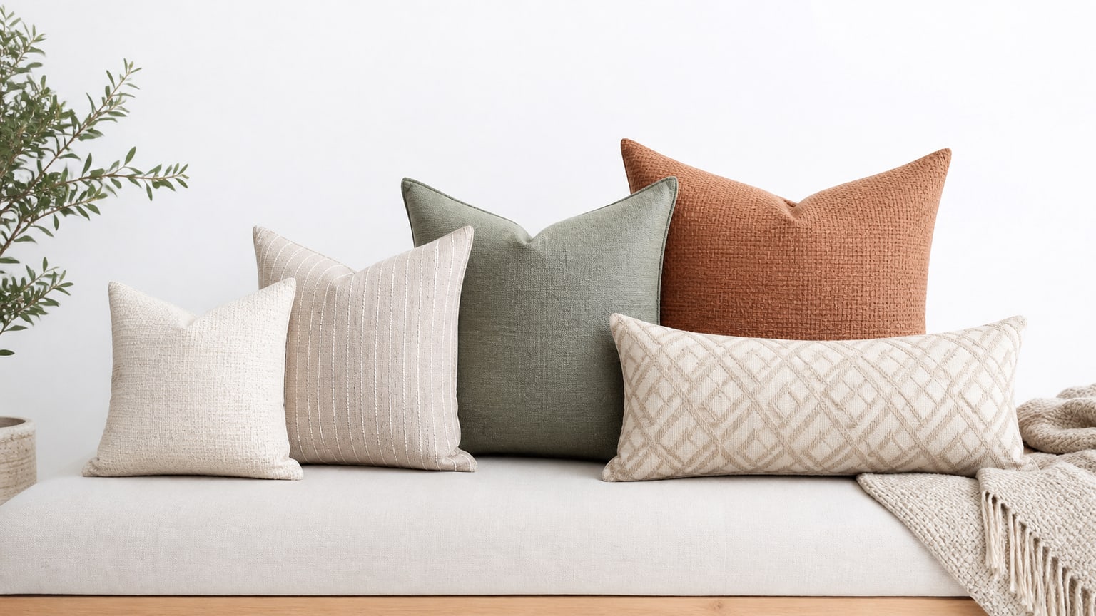 Decorative throw pillows arranged on a modern sofa against a white background
