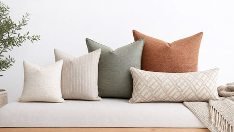 Decorative throw pillows arranged on a modern sofa against a white background