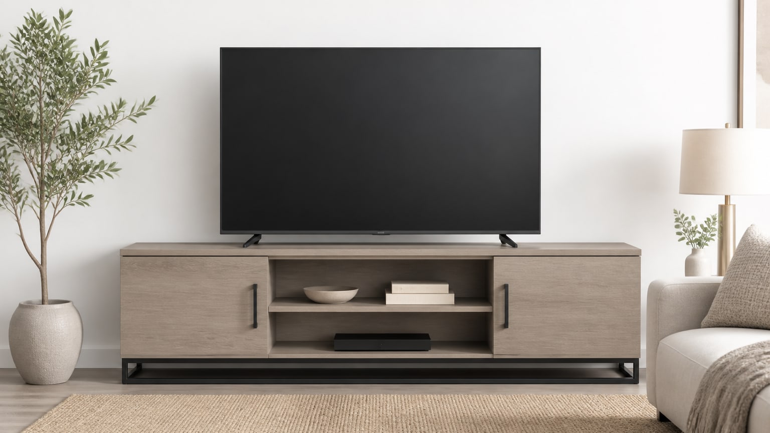 Modern TV stand with media consoles on white background