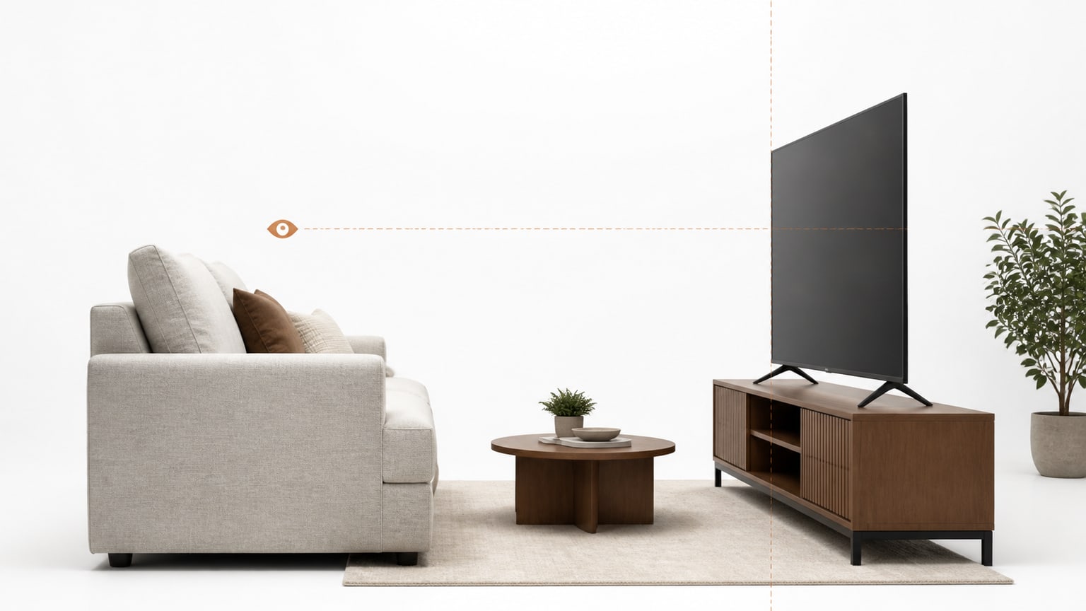 Modern brown wood TV stand with flat-screen TV on white background