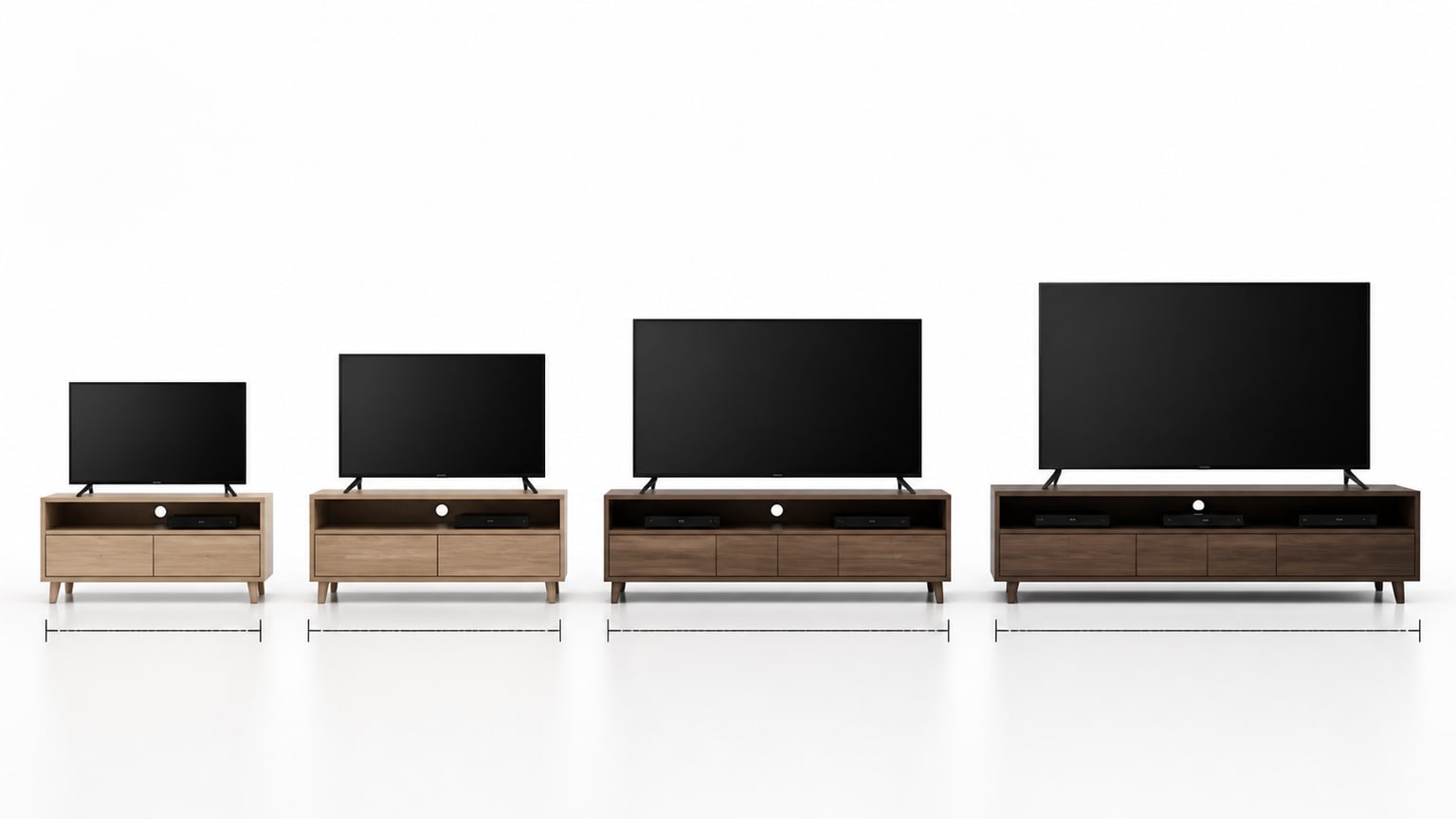 Modern TV stand with flat screen TV on a clean white studio background
