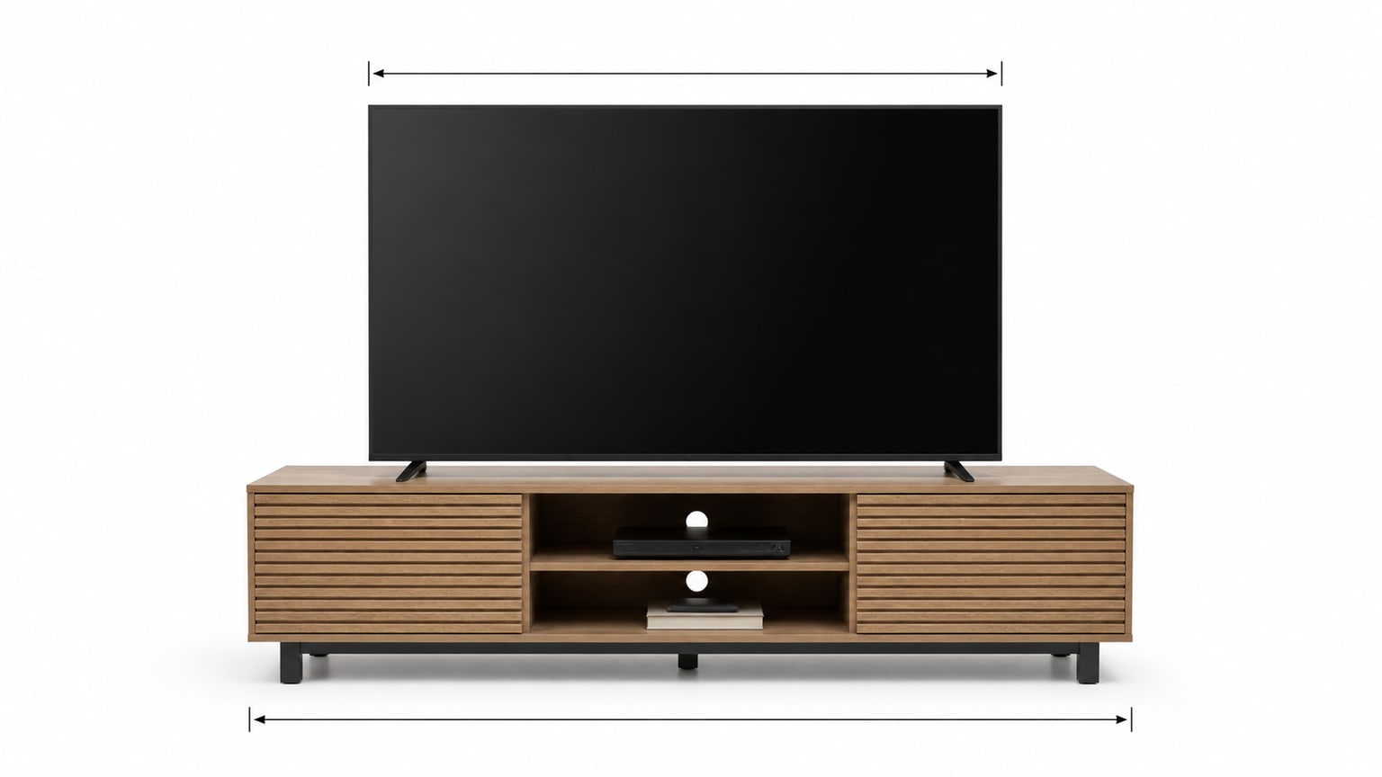Modern medium brown wood TV stand with shelves and cabinets on white background