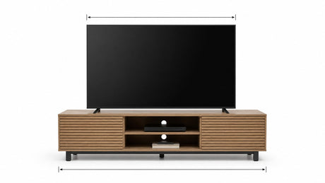 Modern medium brown wood TV stand with shelves and cabinets on white background