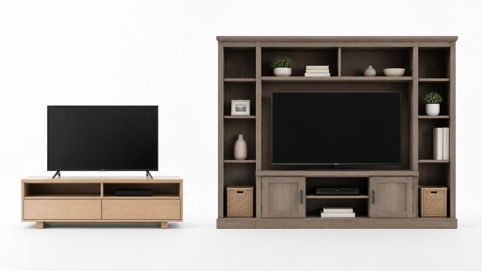 Modern living room with both a TV stand and an entertainment center on a white background