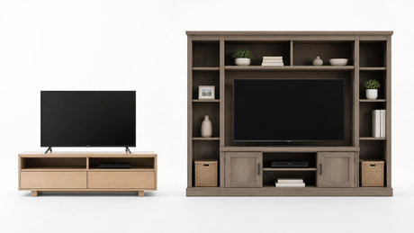 Modern living room with both a TV stand and an entertainment center on a white background