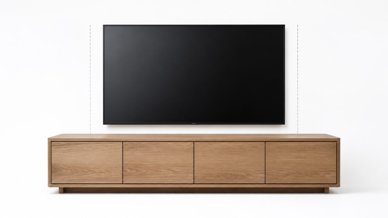 Modern TV stand with flat-screen TV on white background