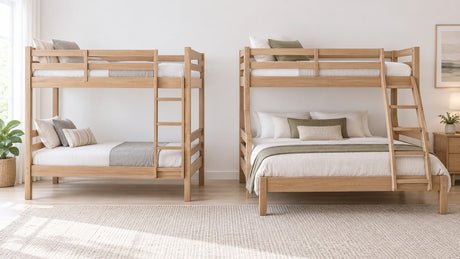 Bright neutral bedroom with wood twin-over-full bunk bed featuring ladder and guardrails