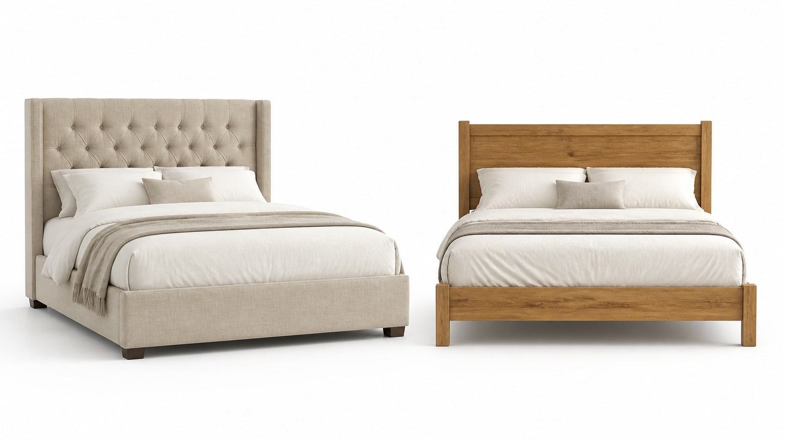 Comparison of an upholstered bed frame next to a wooden bed frame on a white studio background