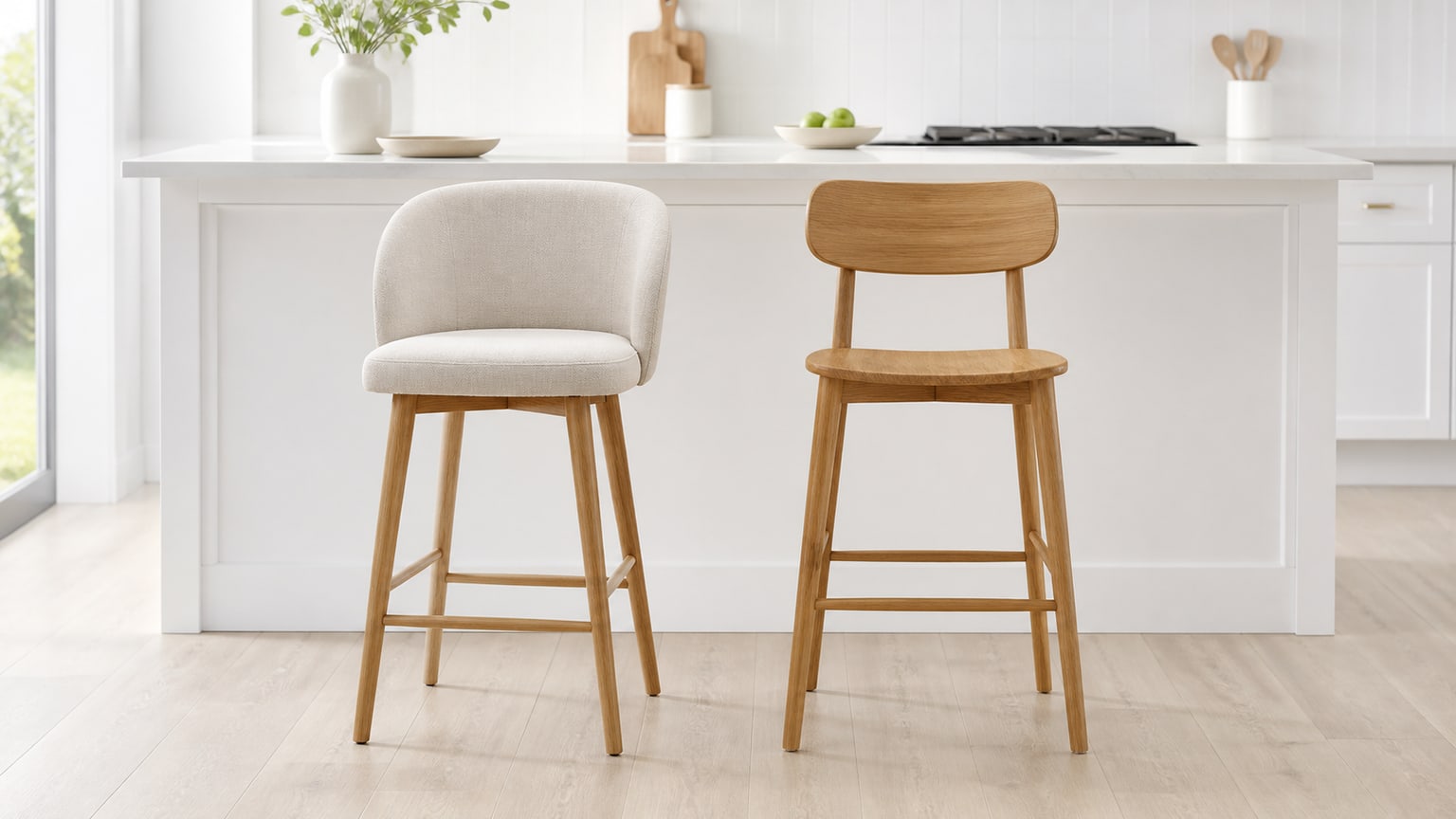 Set of upholstered and wood bar stools around a white kitchen island with bright lighting