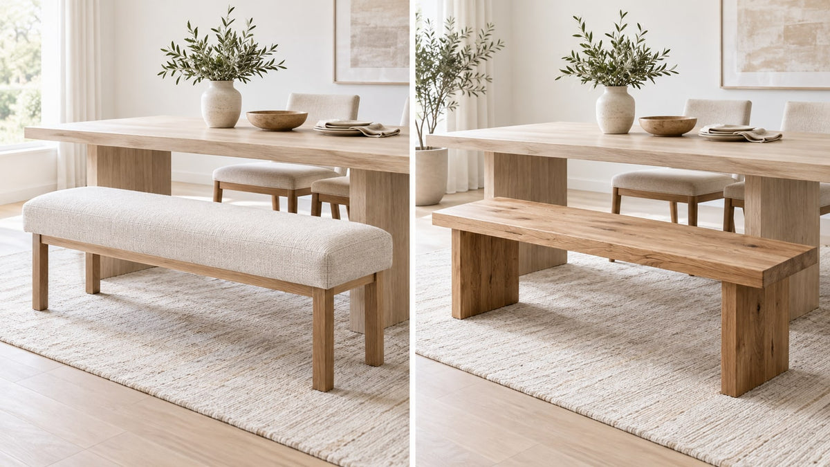 Modern dining room with an upholstered and a wood dining bench paired with a dining table on a bright neutral background