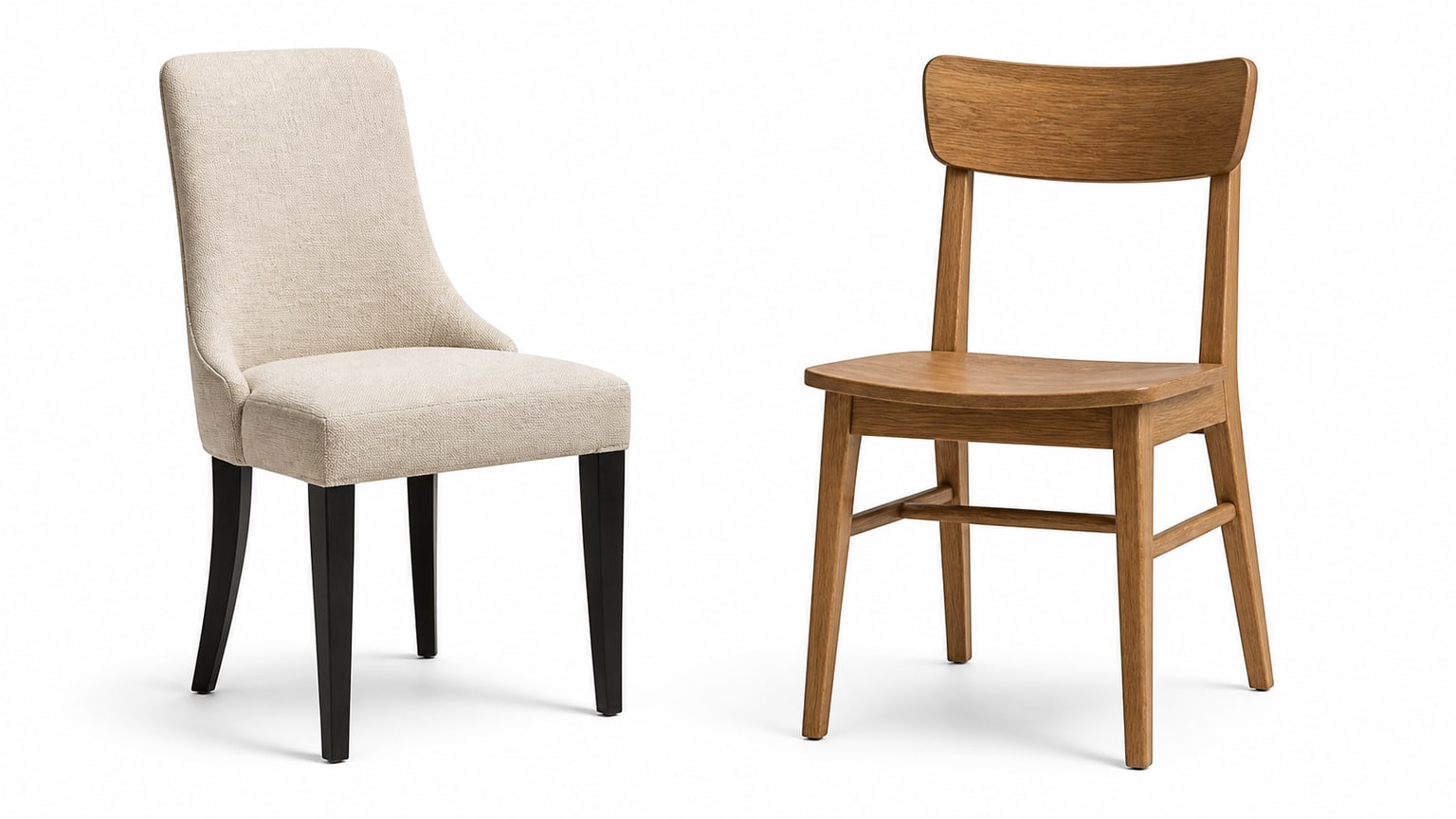 Comparison of upholstered and wood dining chairs on white background highlighting different textures and styles