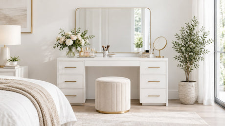 Modern bedroom vanity with attached mirror and upholstered stool on white background