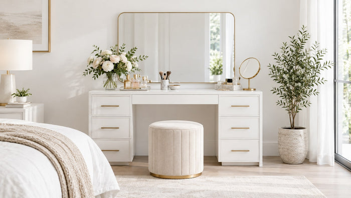 Modern bedroom vanity with attached mirror and upholstered stool on white background